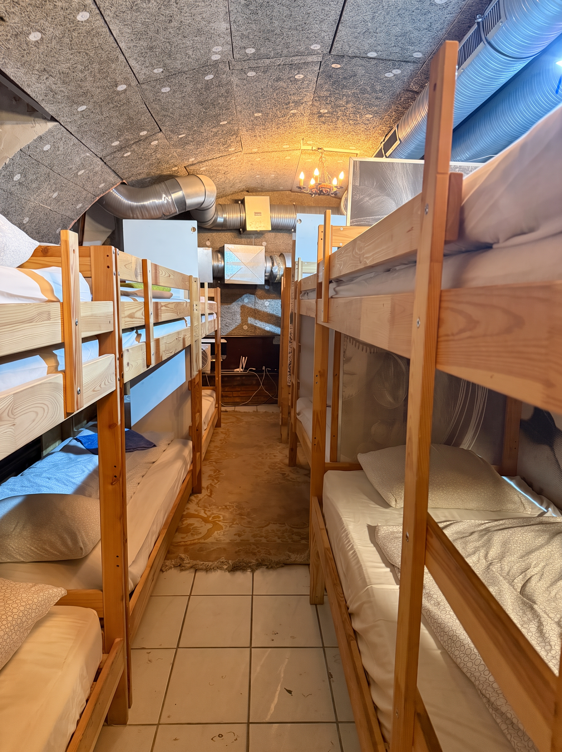 Bunk-bed corridor with warm chandelier lighting