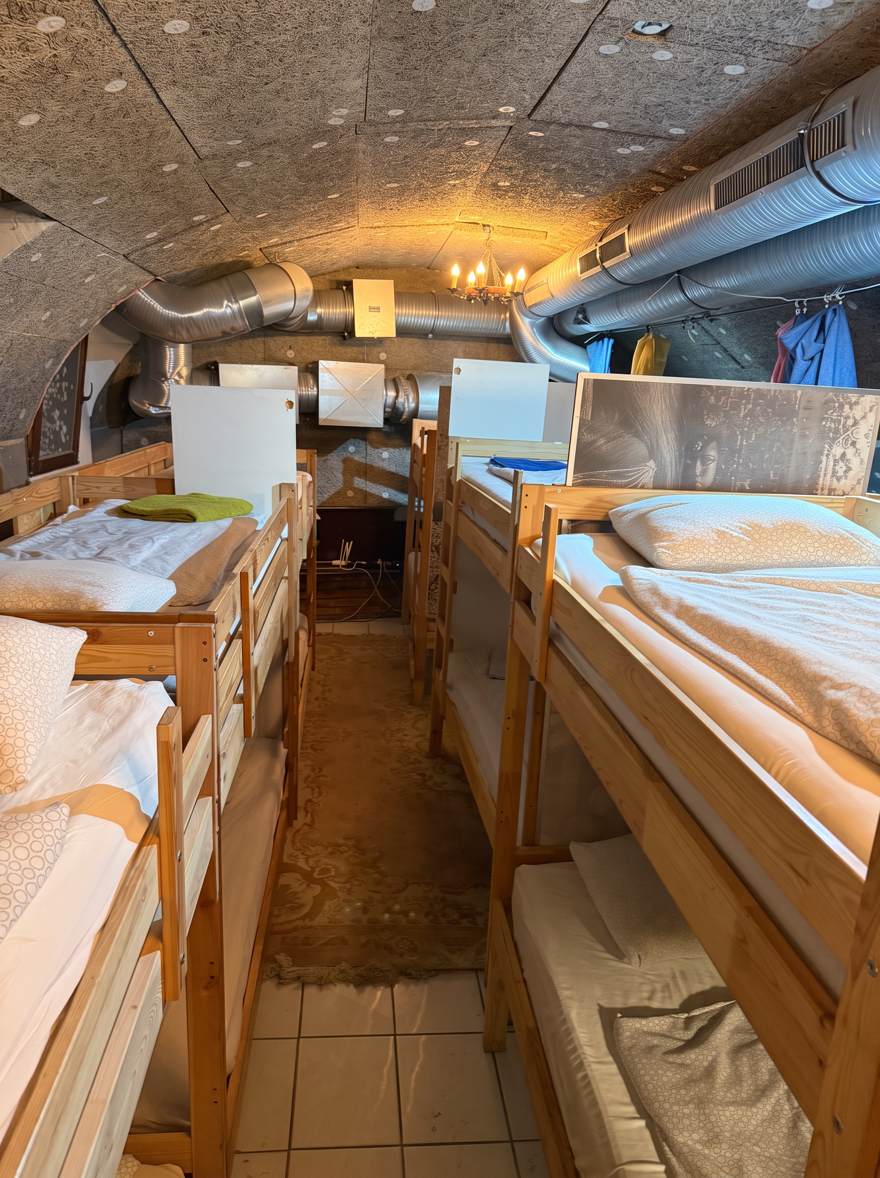 Sleeping hall with wooden bunk beds on both sides
